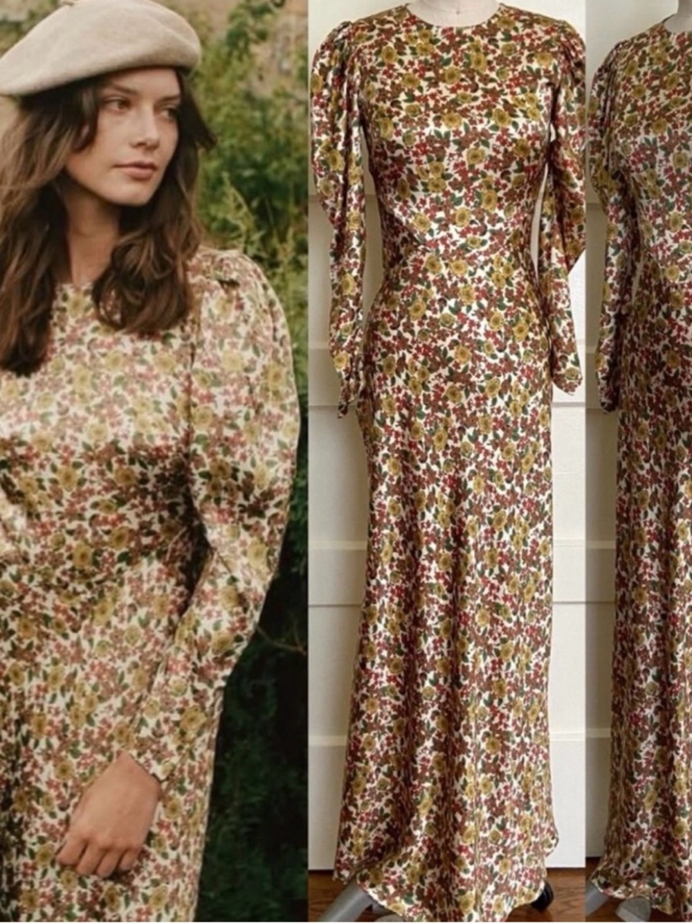 Doen Floral Puff-Sleeve Maxi Dress in Cream, Olive & Rust